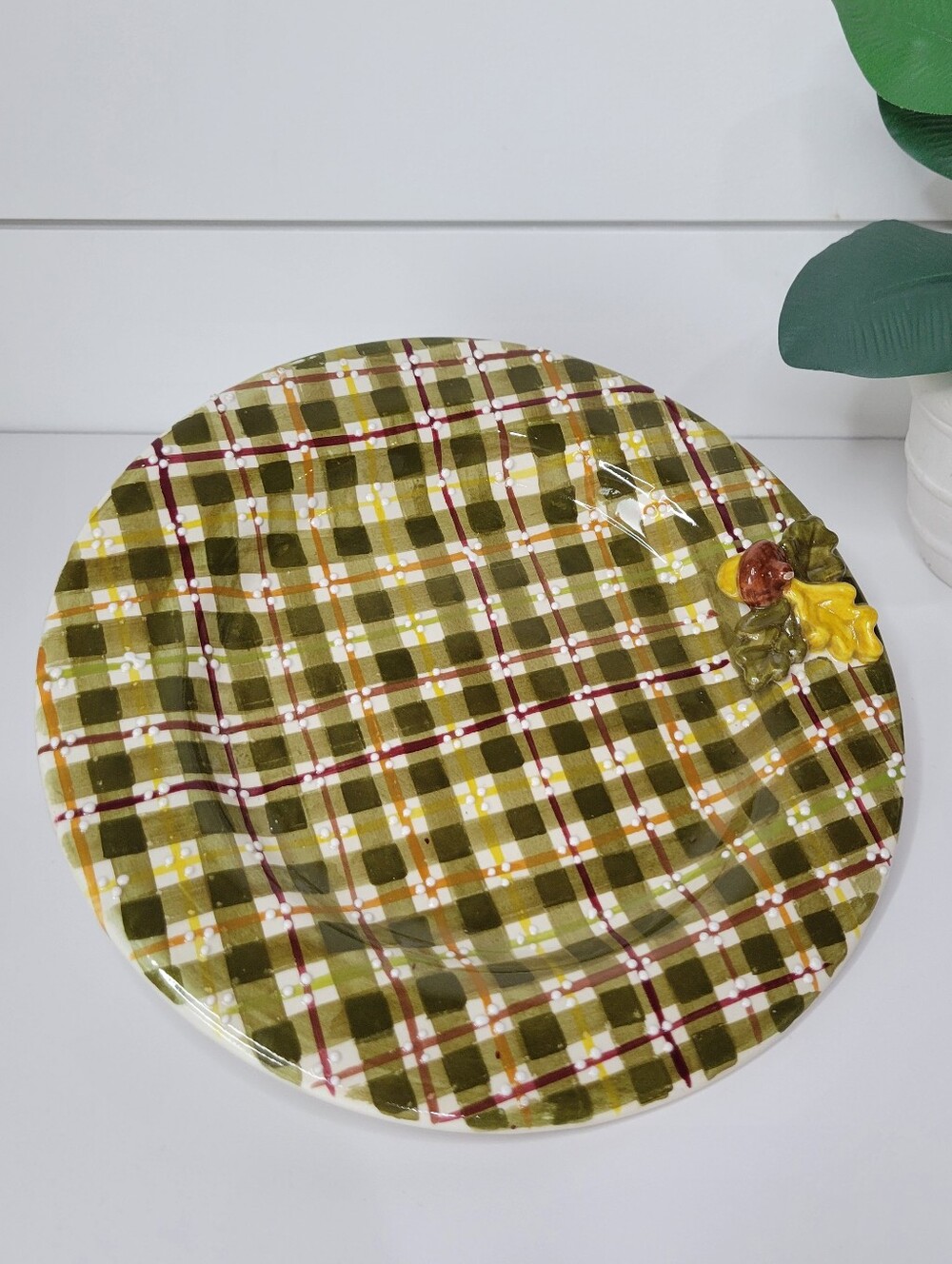 Olive Plaid Ceramic Serving Platter with 3D Acorn Accent